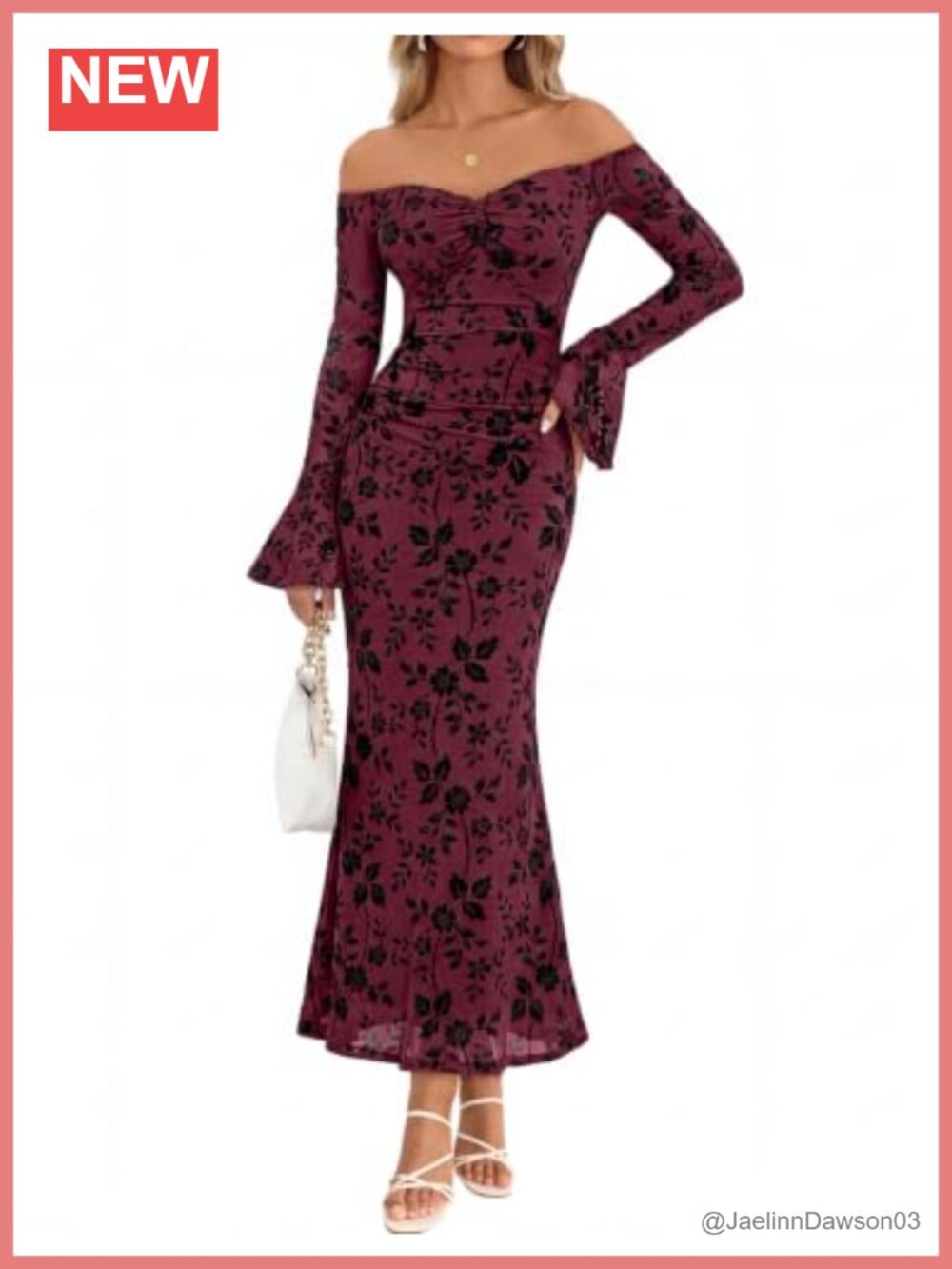 Off Shoulder Bodycon Maxi Dress Long Bell Sleeve Floral Mesh Formal
